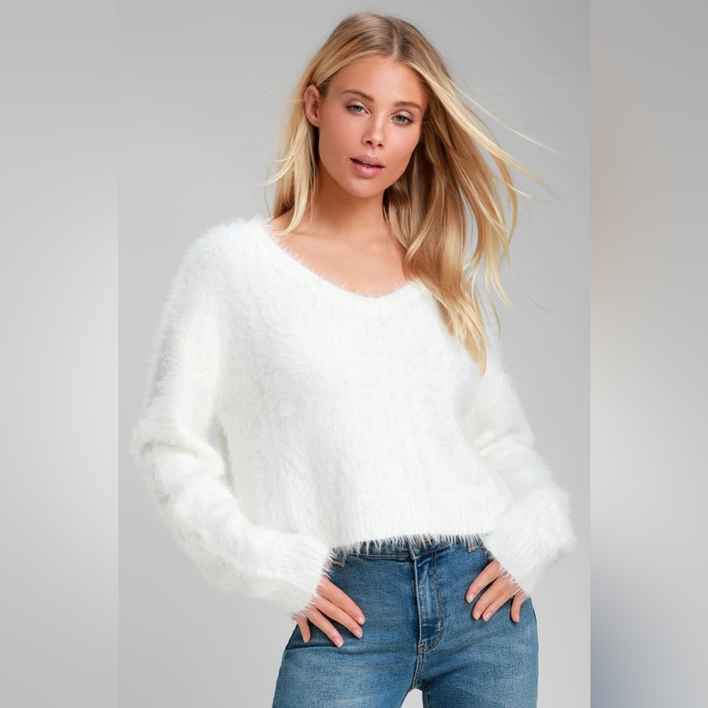 Lulus Daily Snuggle White Eyelash Cropped Sweater